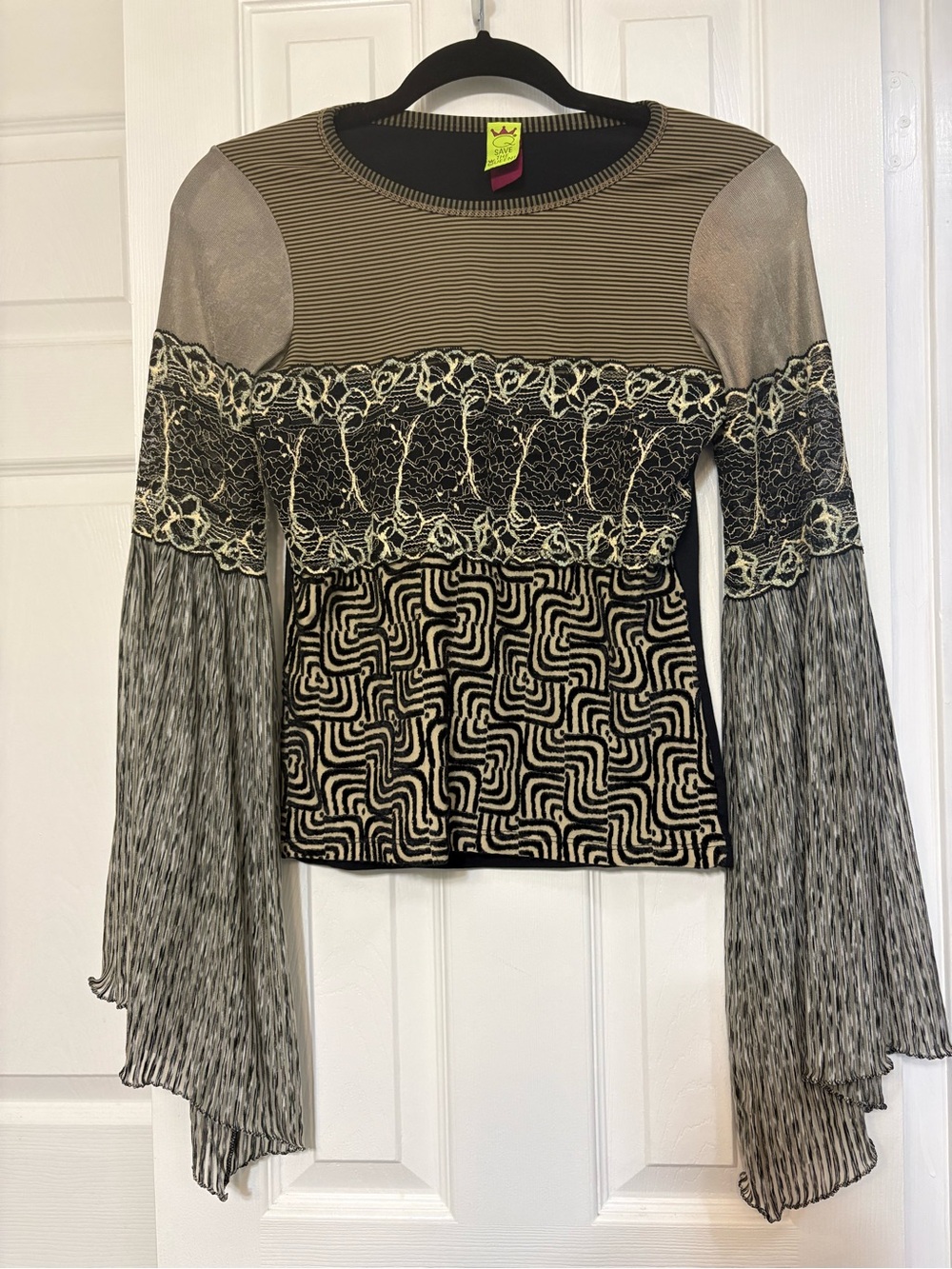 Save The Queen Eclectic Print Black Cream Mixed Media Bell Sleeve Top M Italy